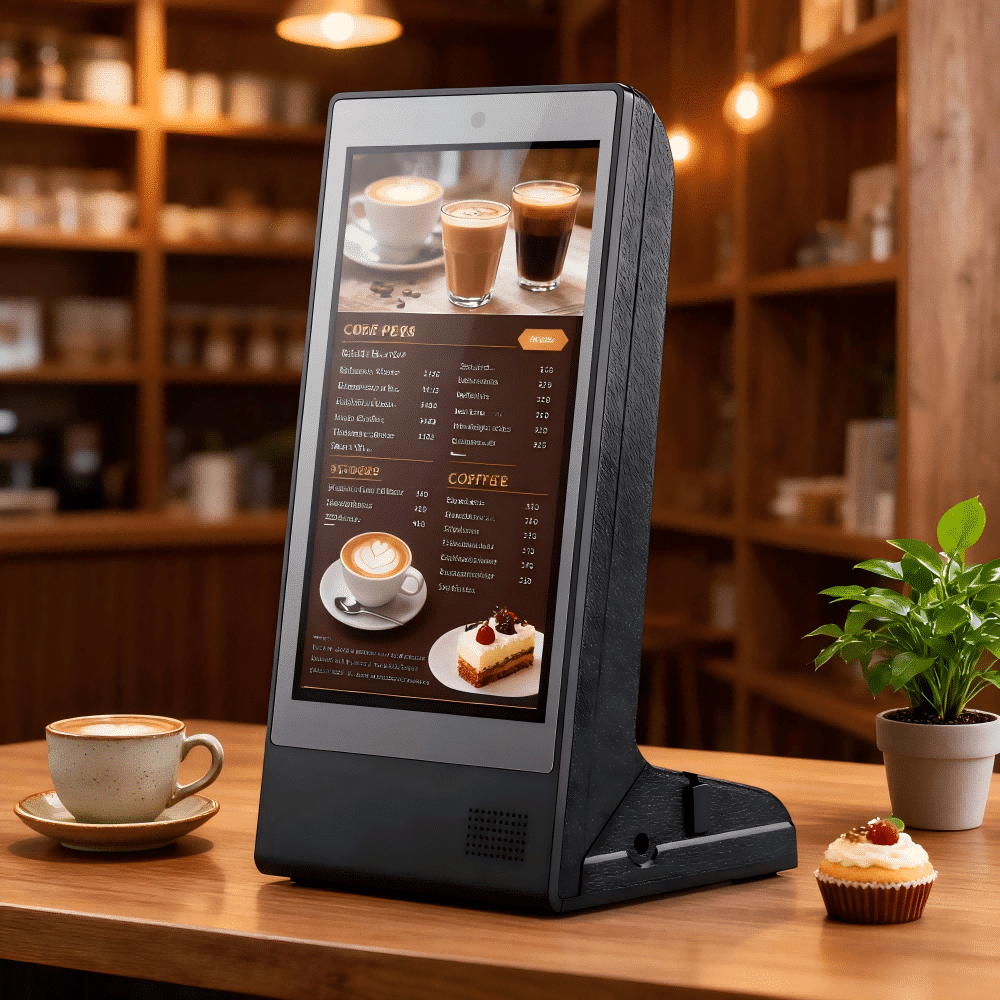 MacCaddy digital menu board displaying coffee and dessert options in a cafe.