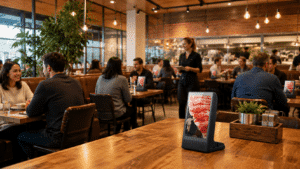 Diners in a modern restaurant with a digital menu displaying food