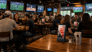 People dining at a sports bar with TVs showing games; a digital menu displays food.