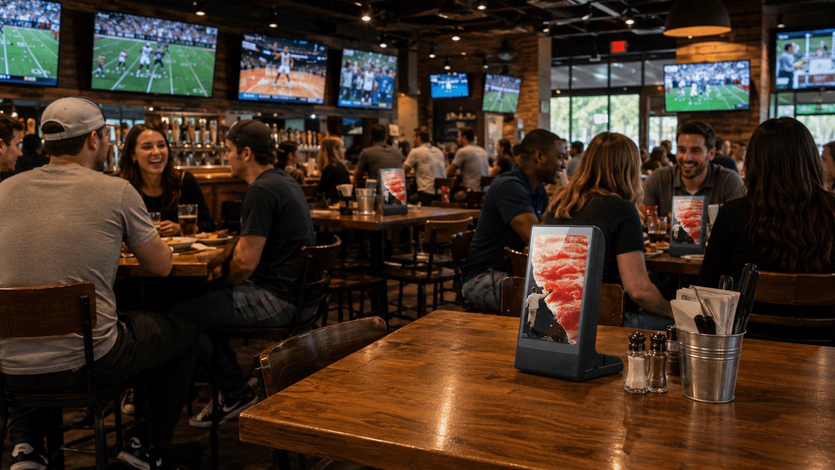 Digital advertising display showing food specials in a busy restaurant with patrons.