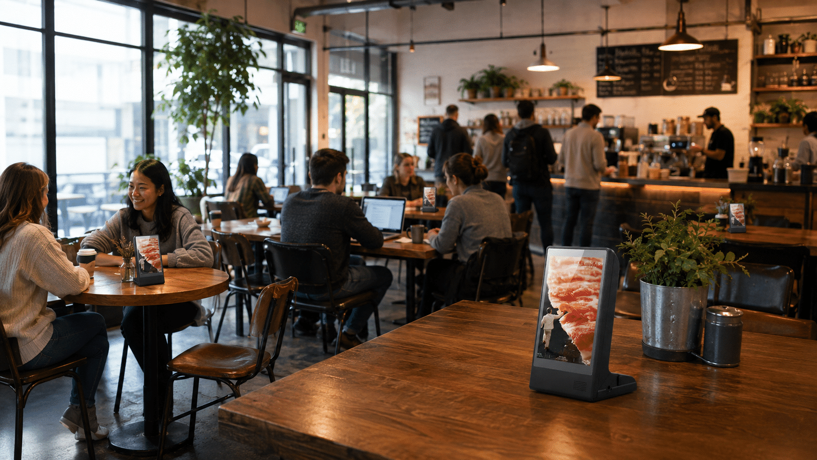 People working and socializing in a modern, sunlit cafe with digital menu displays.