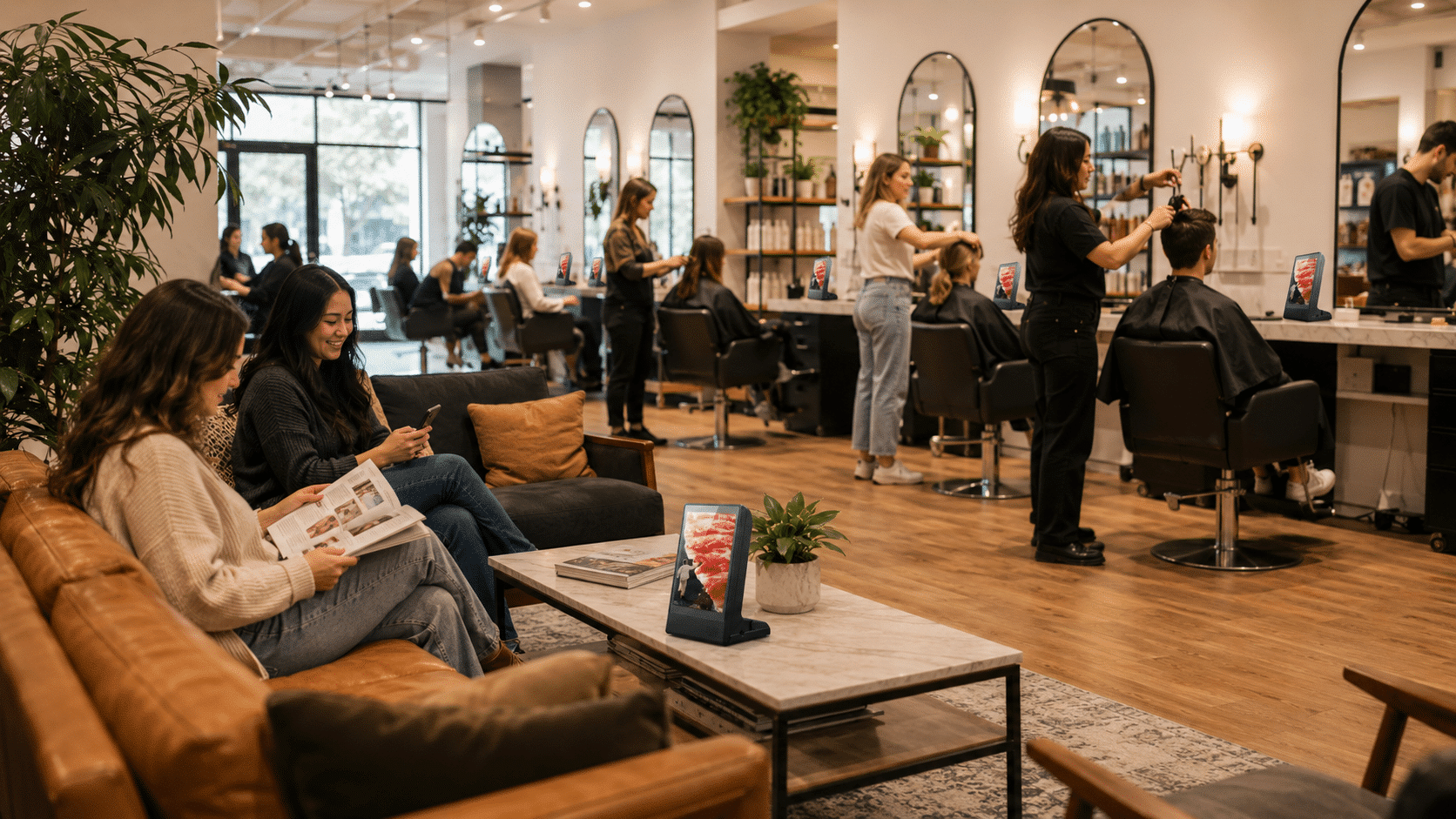 Stylist cutting client's hair in a modern salon with clients relaxing in the waiting area.