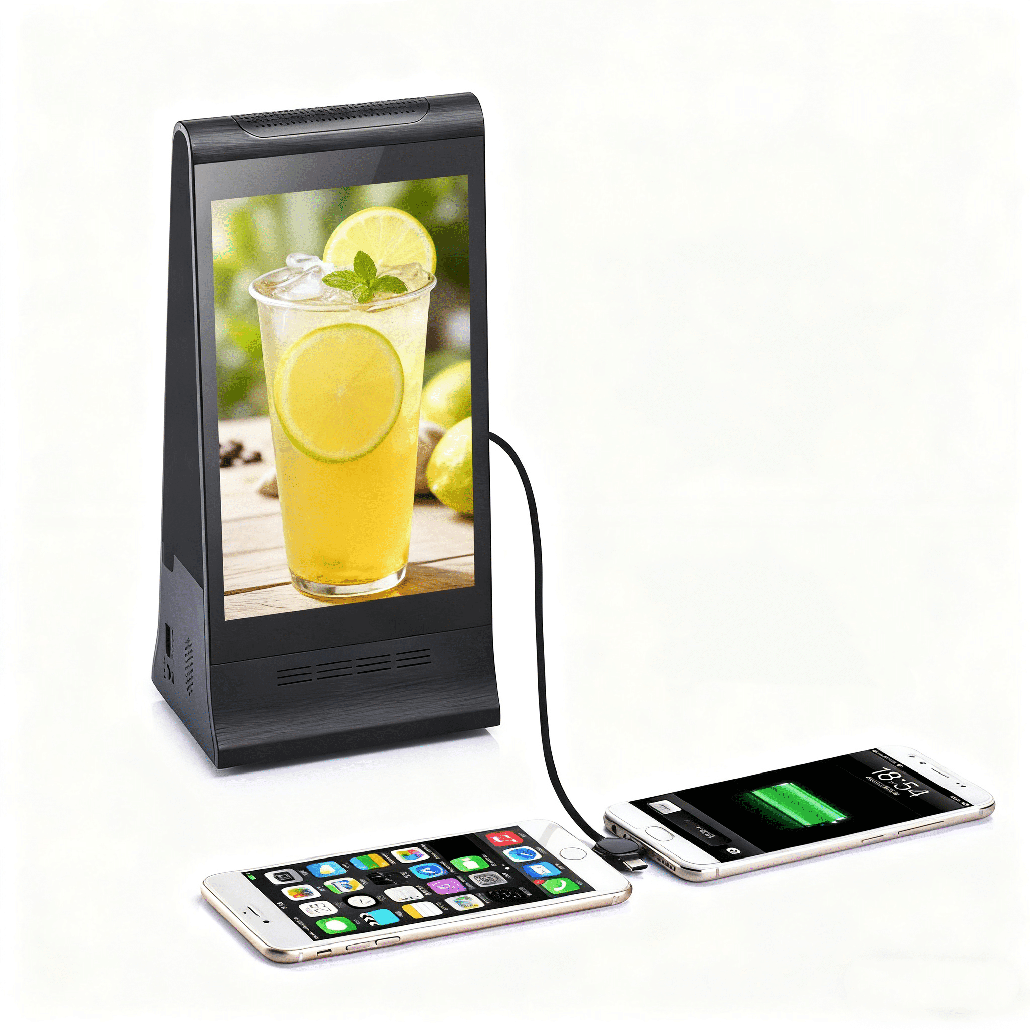 Digital display showing refreshing drink, charging phones with USB cable