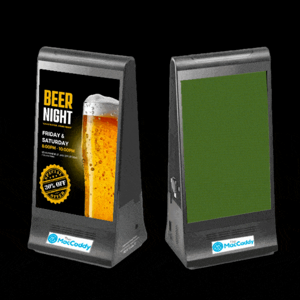 MacCaddy digital signage displays: one with a beer night ad, one blank.
