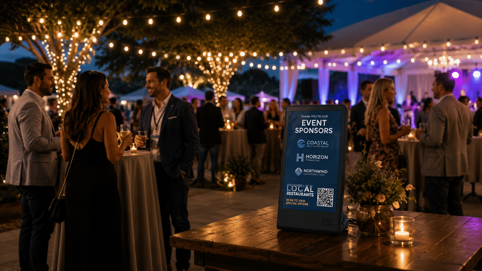 Event sponsors displayed on a digital screen at an outdoor evening reception.
