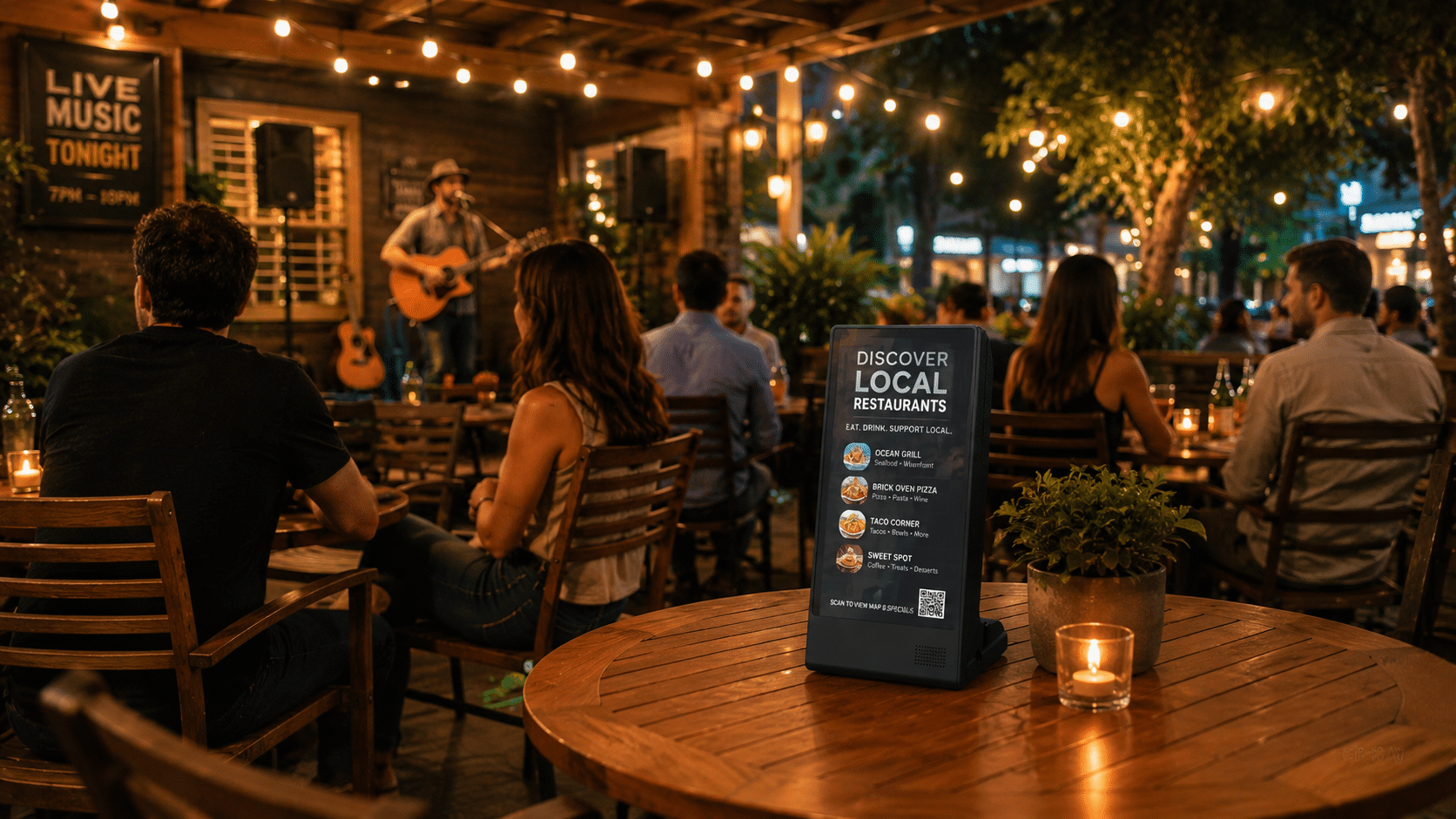 Outdoor dining area with people seated at tables, a musician playing guitar, and a digital menu