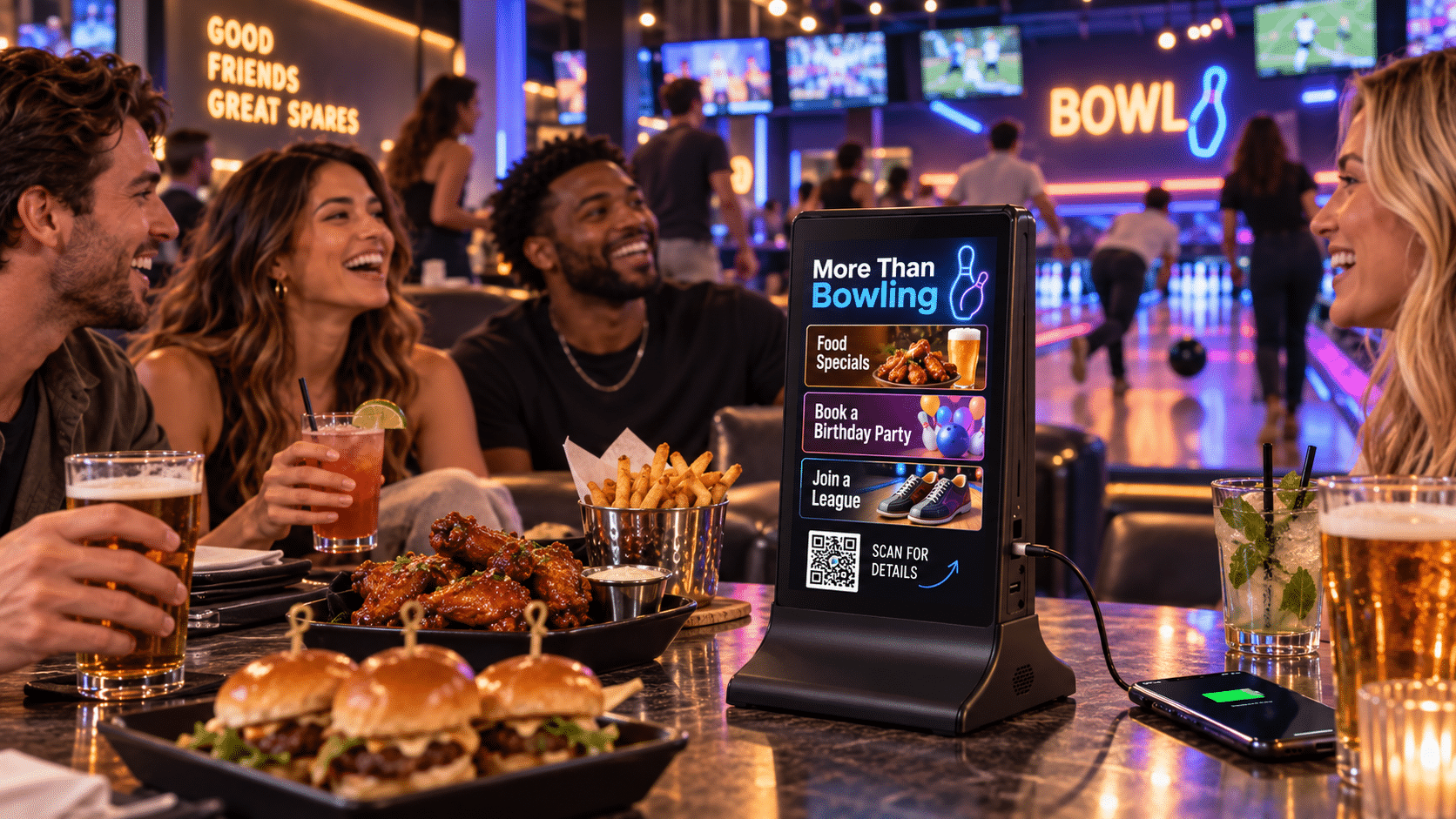 Friends enjoying food & drinks at a bowling alley with a digital menu