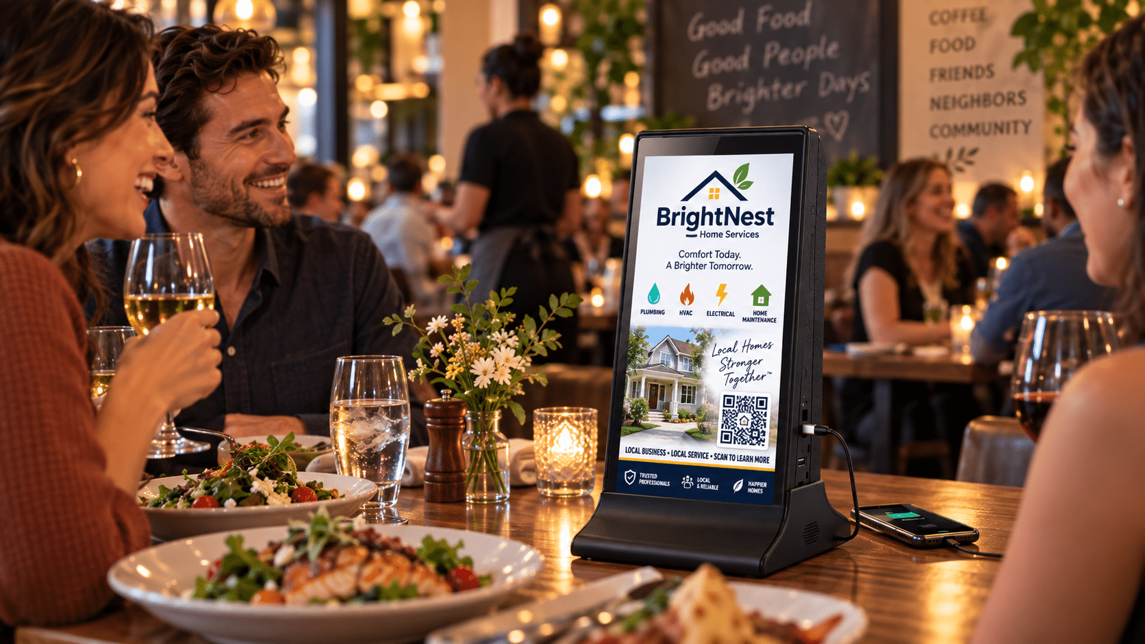 BrightNest Home Services digital display at a restaurant table with happy diners.