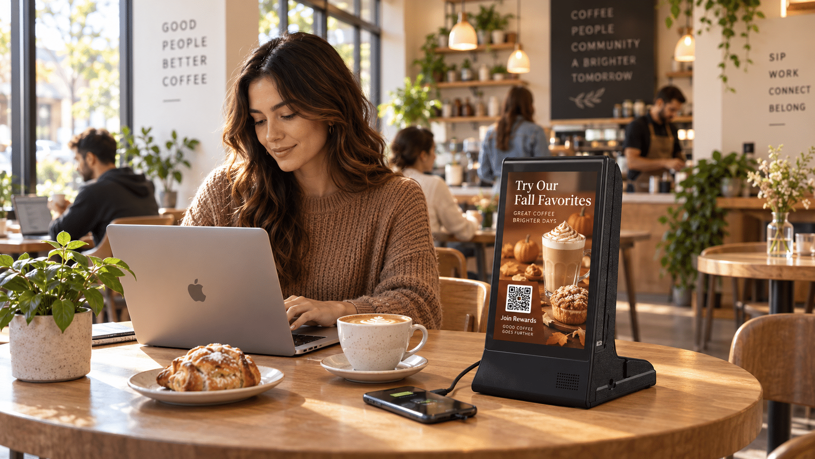Woman working on laptop in cafe, autumn drink promotion on digital display.