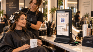 Woman gets hair treatment while looking at a digital display with a QR code.