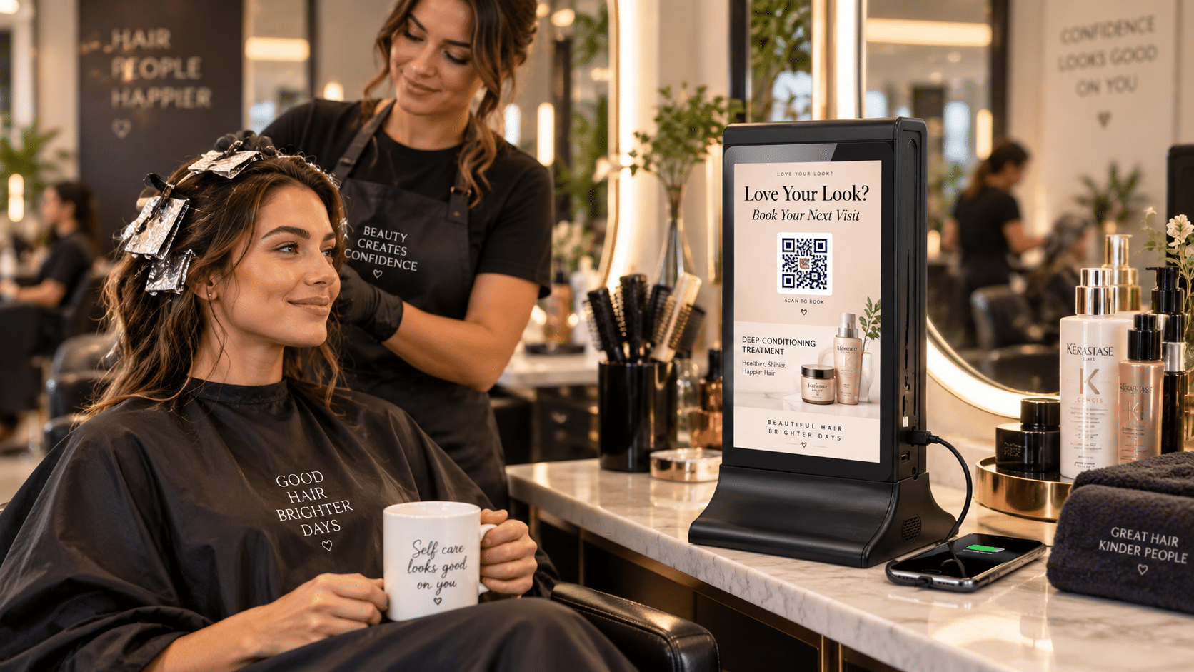 Woman gets hair treatment while looking at a digital display with a QR code.