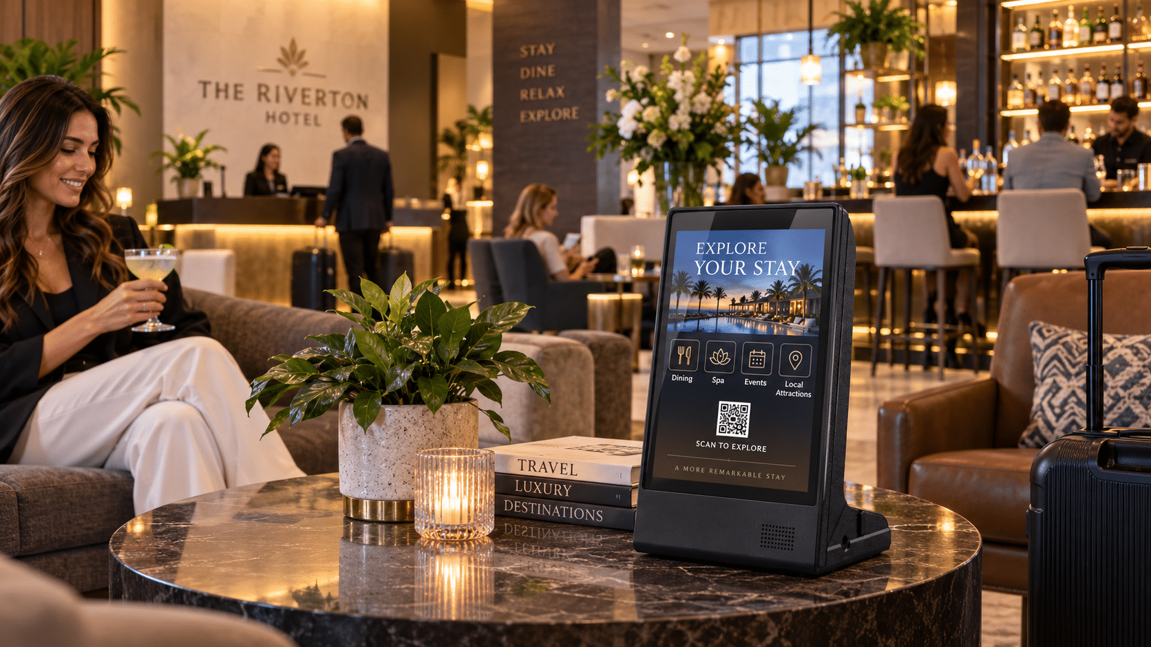 Woman at hotel lobby bar using digital kiosk to explore stay options