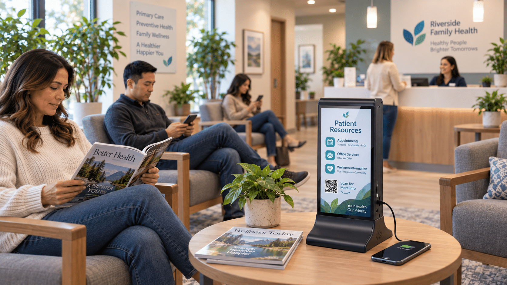 Patient using digital kiosk in a modern, sunlit medical waiting room with plants and magazines.