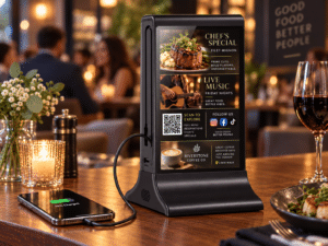 Digital menu board displays chef's special filet mignon, live music, and coffee specials.
