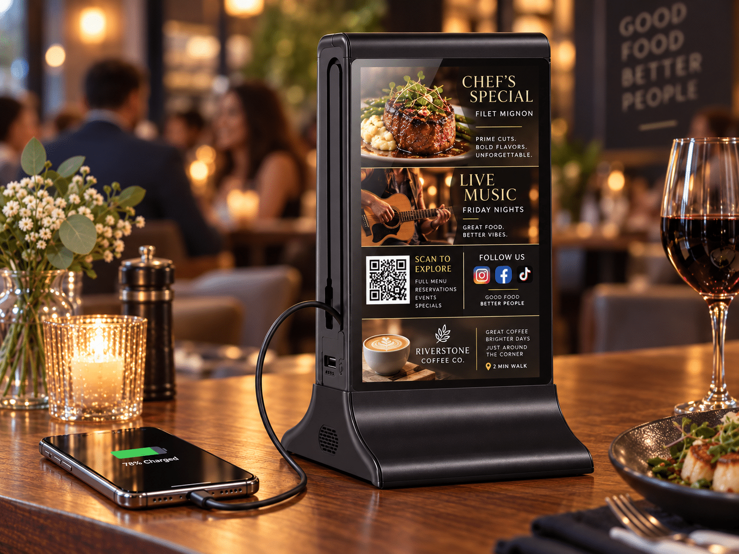 Digital menu board displays chef's special filet mignon, live music, and coffee specials.