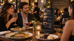Couple enjoys dinner with digital menu displaying tonight's specials