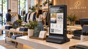 River & Oak clothing store with digital display showing offers.