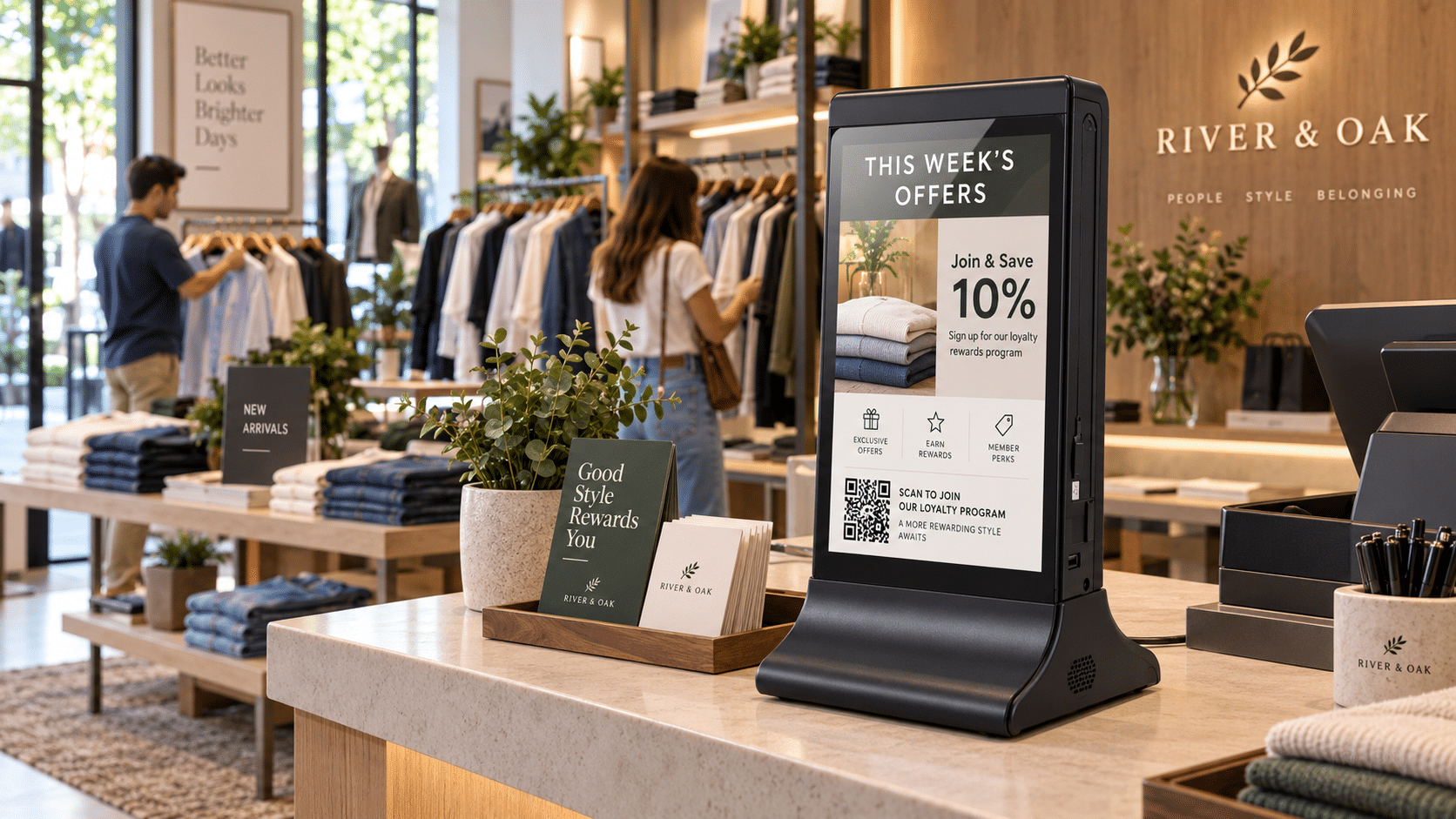 River & Oak clothing store with digital display showing offers.