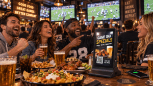Friends enjoy game day specials with wings, nachos, and beer at a sports bar.