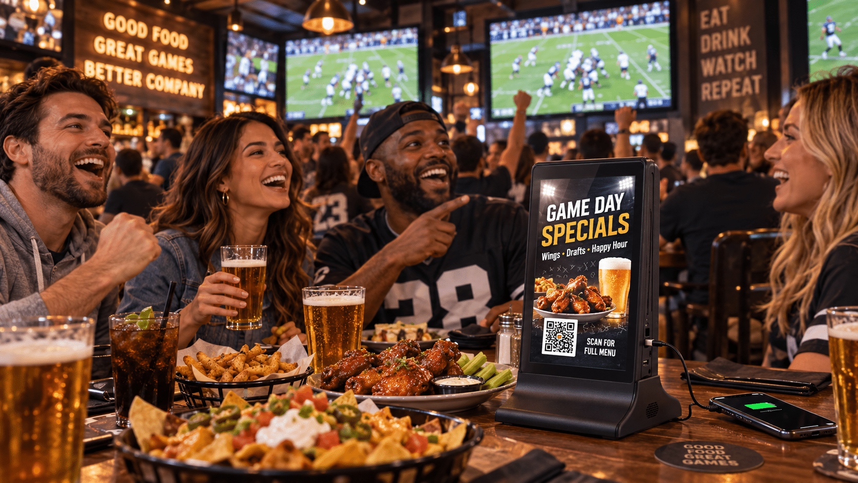 Friends enjoy game day specials with wings, nachos, and beer at a sports bar.