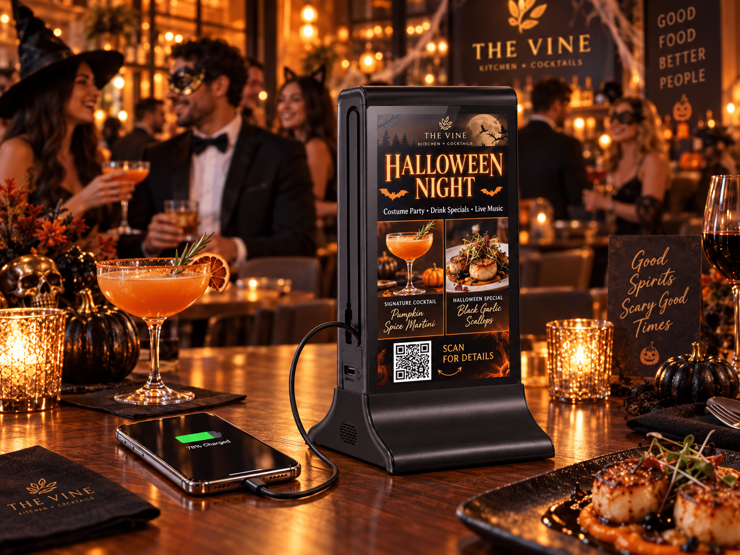 The Vine Halloween Night digital display promotes specials and cocktails.