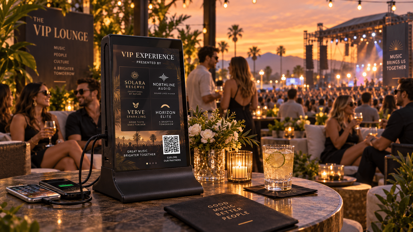 VIP Lounge digital display with QR code, phone charging, and people enjoying a concert at sunset.