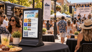 Walmart screen at a local festival showing "Explore Local" with nearby dining and activities.