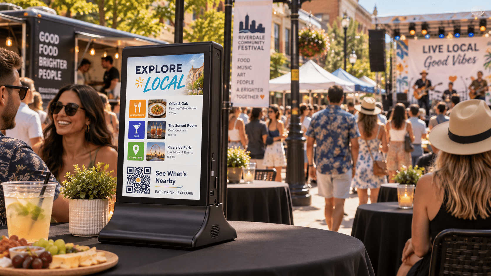 Walmart screen at a local festival showing "Explore Local" with nearby dining and activities.